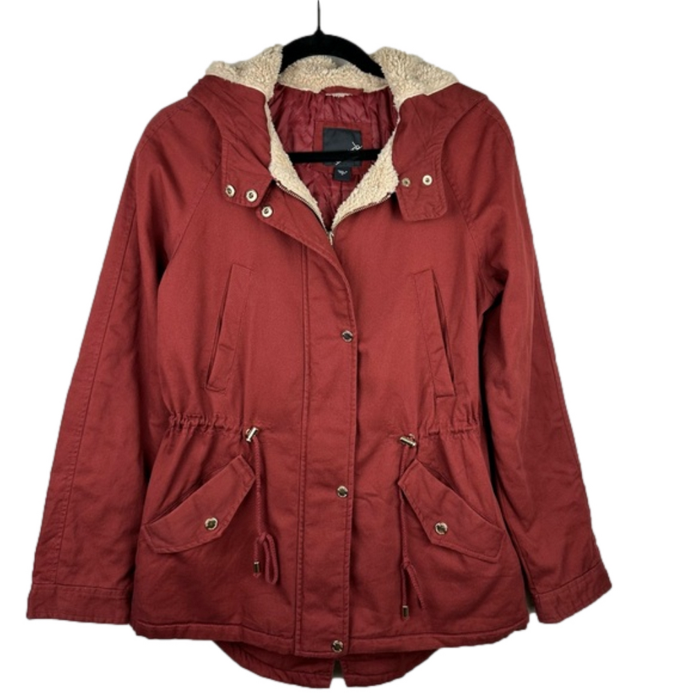 COLLECTION B Women’s medium Anorak hooded sherpa trim brick red jacket NWOT